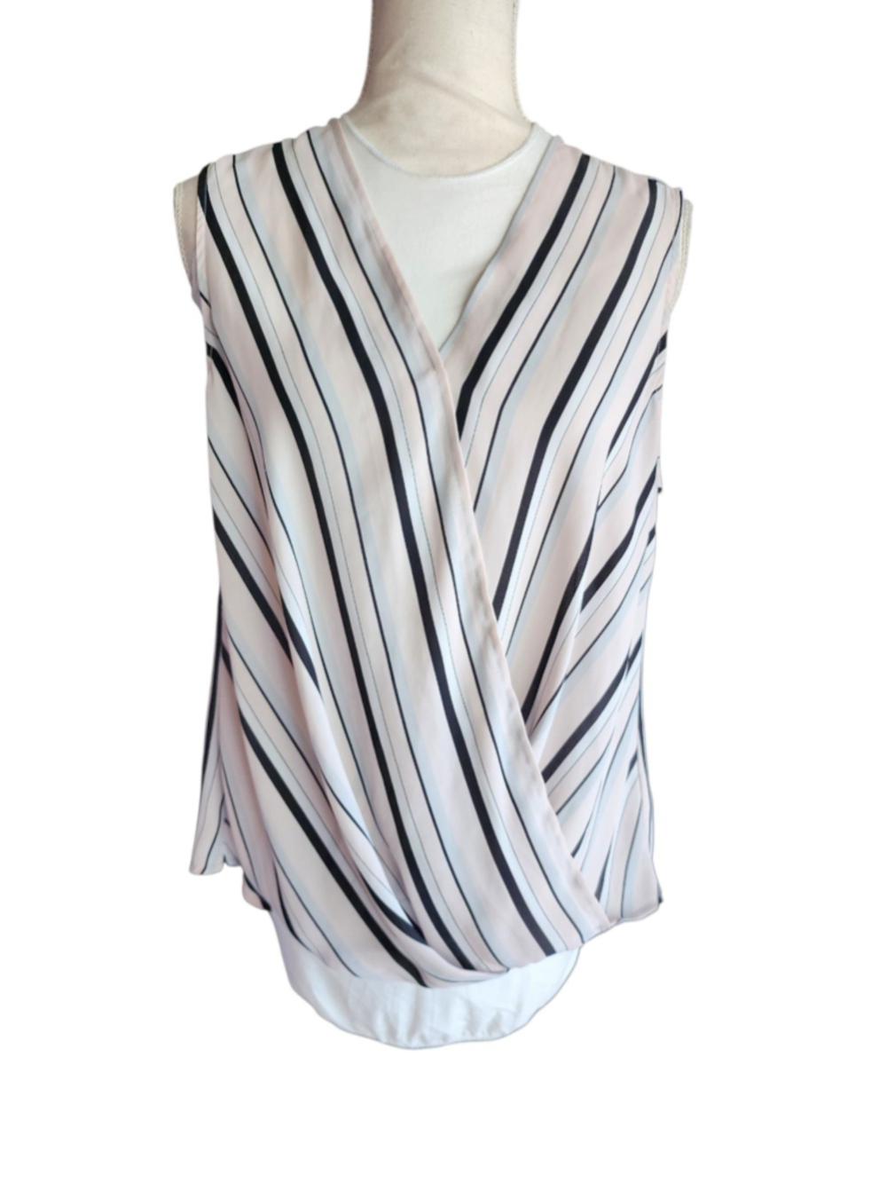 Cynthia Rowley Pink Black Gray White Striped Wrap Front Sleeveless Blouse Top L